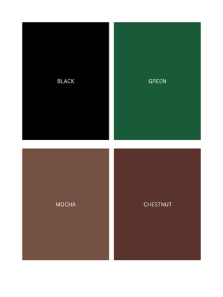 Four color swatches labeled Black, Green, Mocha, and Chestnut on a white background.